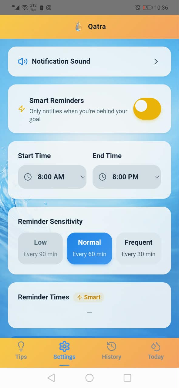 Qatra reminder settings for notification sound, smart reminders, schedule, and frequency