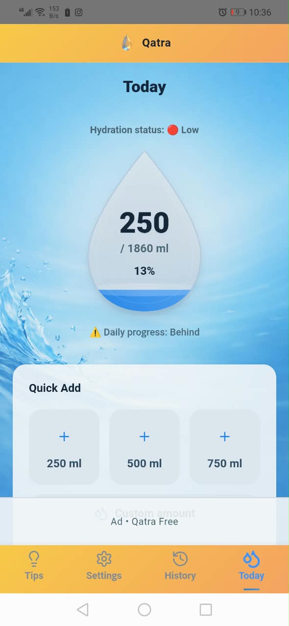Qatra Today screen showing hydration progress and quick-add water amounts